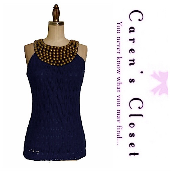 Trina Turk Navy Crochet. Boho Studded Tank Top - Picture 4 of 6